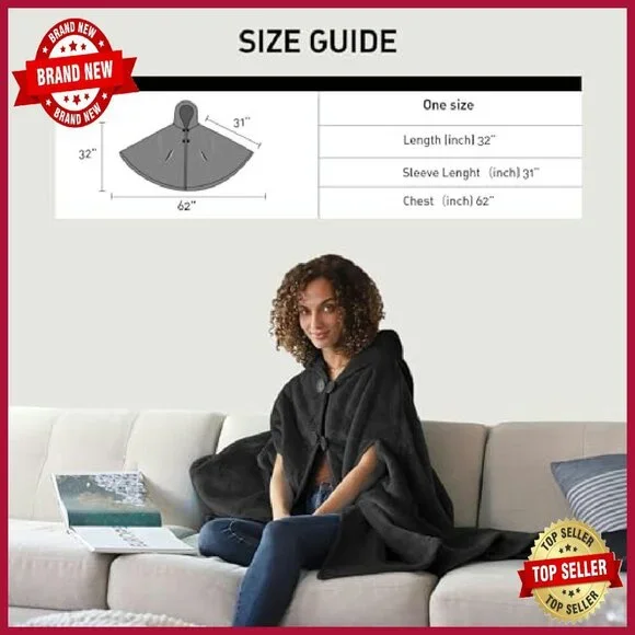 Oversized Sherpa Fleece Hooded Poncho Cape Wearable Blanket One Size - Picture 7 of 8